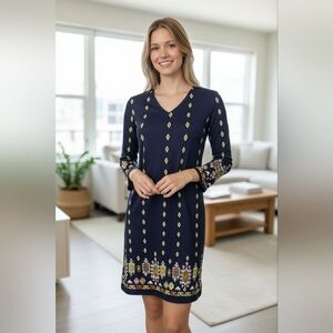 Jude Connally Marlow Carolina Cloth Navy Shift Dress with Yellow Accents Sz S
